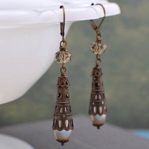 Antiqued Brass Filigree Long Drop Pearl Earrings
